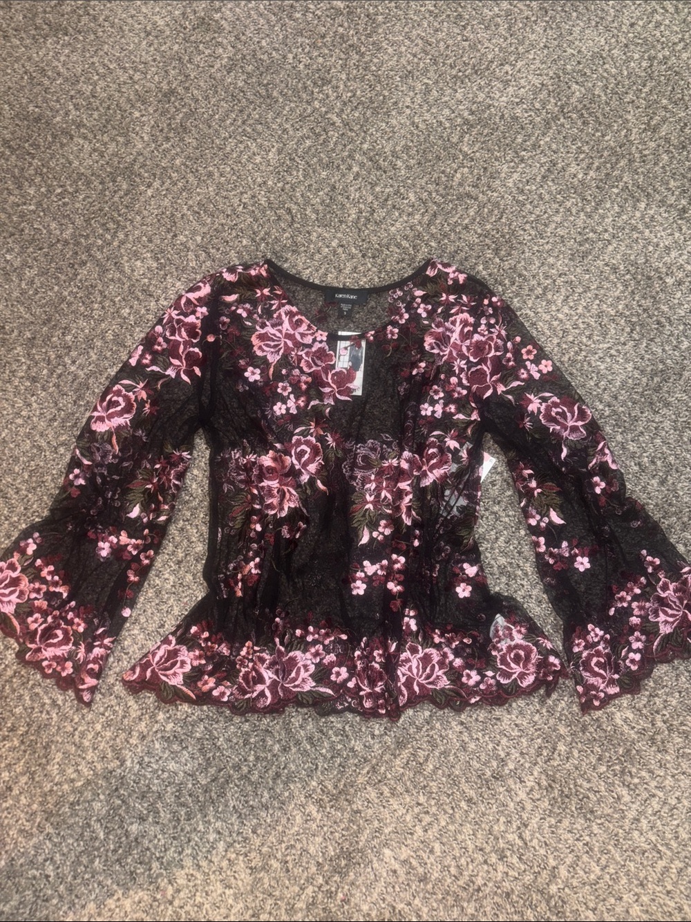 Karen Kane Black Lace Blouse with Pink Floral Embroidery